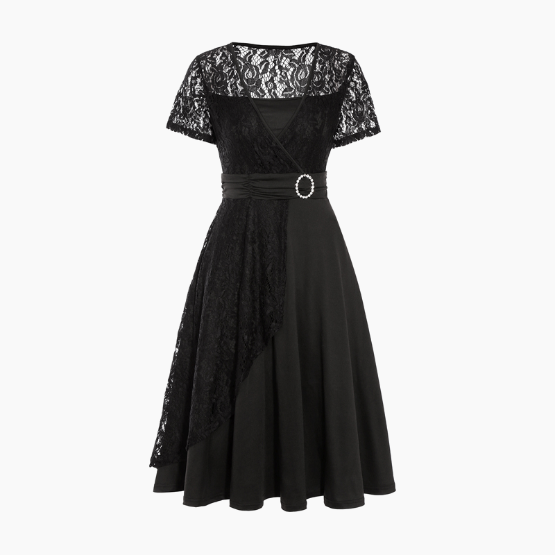 Női ruha V-nyakkal és derekat kiemelő részletekkel