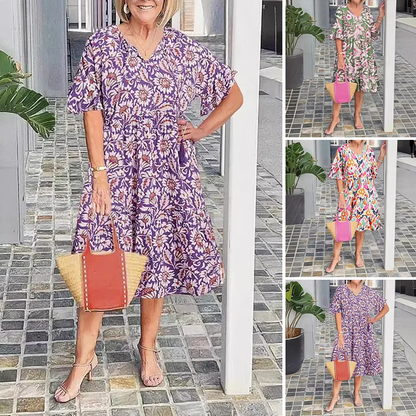 V-nyakú nyomtatott midi ruha