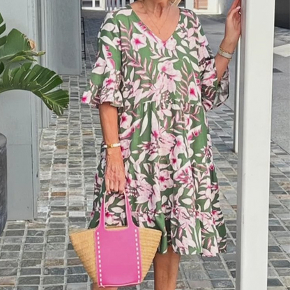 V-nyakú nyomtatott midi ruha