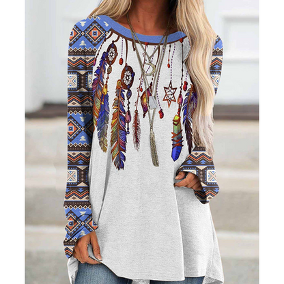 Női bő, hosszú ujjú blúz bohém mintával