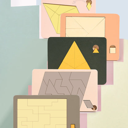 🧩Fa tangram táblás puzzle játék Montessori alakzat puzzle válogató játék Színes tangram oktatási mintás játék gyerekeknek🔺🔷