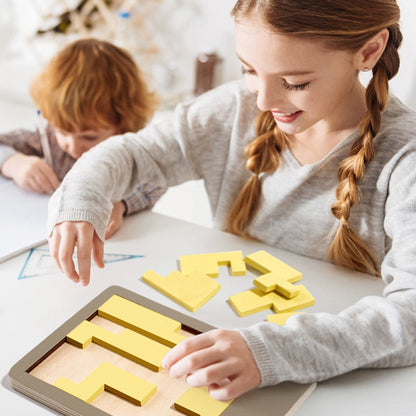 🧩Fa tangram táblás puzzle játék Montessori alakzat puzzle válogató játék Színes tangram oktatási mintás játék gyerekeknek🔺🔷