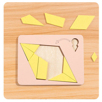 🧩Fa tangram táblás puzzle játék Montessori alakzat puzzle válogató játék Színes tangram oktatási mintás játék gyerekeknek🔺🔷
