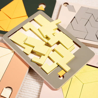 🧩Fa tangram táblás puzzle játék Montessori alakzat puzzle válogató játék Színes tangram oktatási mintás játék gyerekeknek🔺🔷
