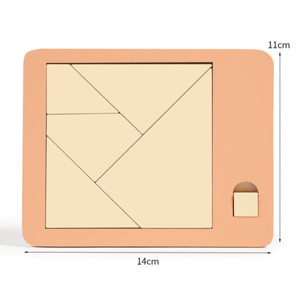🧩Fa tangram táblás puzzle játék Montessori alakzat puzzle válogató játék Színes tangram oktatási mintás játék gyerekeknek🔺🔷