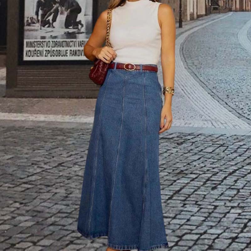 Női magas derekú A-vonalú denim maxi szoknya
