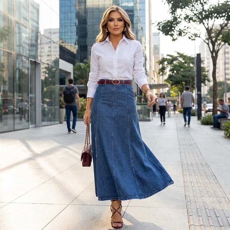 Női magas derekú A-vonalú denim maxi szoknya