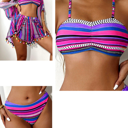 🩱 Csíkos spagetti bikini 4 részes szett – Karcsúsító hatás, gyorsan száradó anyag, strandról városba stílus | Perfekt für nyaralás, medence & fotózkodás 🏖️✨📸