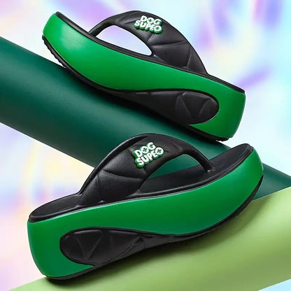 🌸 👡Női nyári színes blokkos, puha talpú, vastag sarkú papucs ☀️