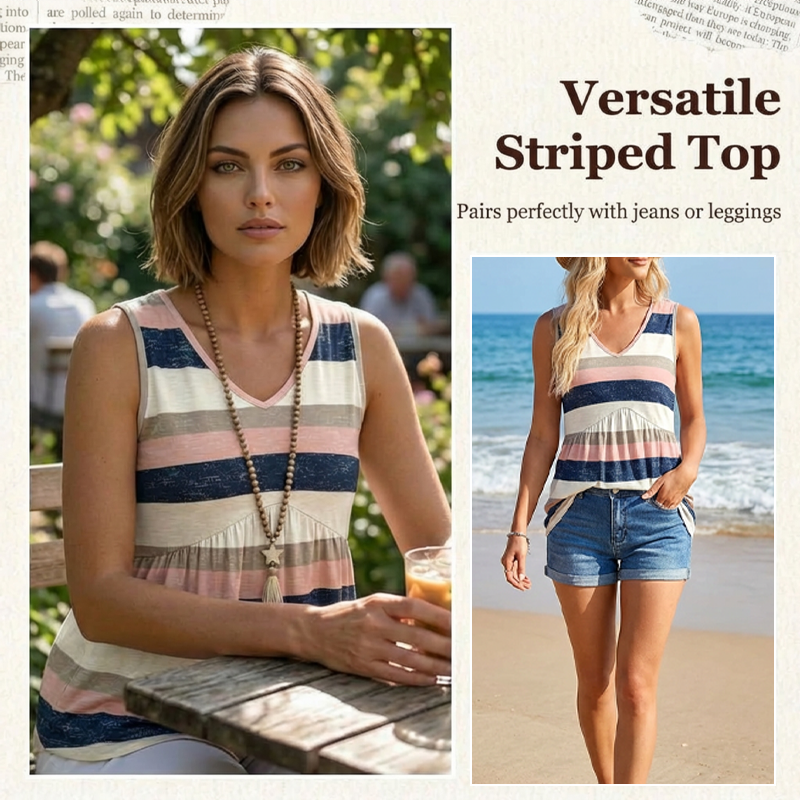Női V-nyakú csíkos peplum tank top