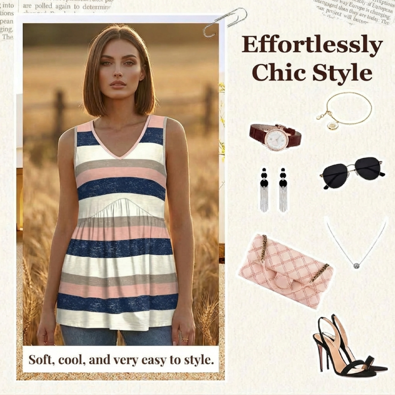 Női V-nyakú csíkos peplum tank top