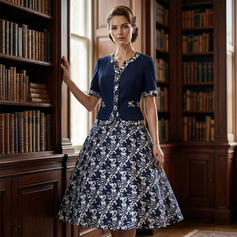 🔥(S–5XL)💎 40% KEDVEZMÉNY!  👗💙 Elegáns virágmintás A-vonalú ruha – kétrészes hatású, sötétkék és fehér, gyűrődésálló