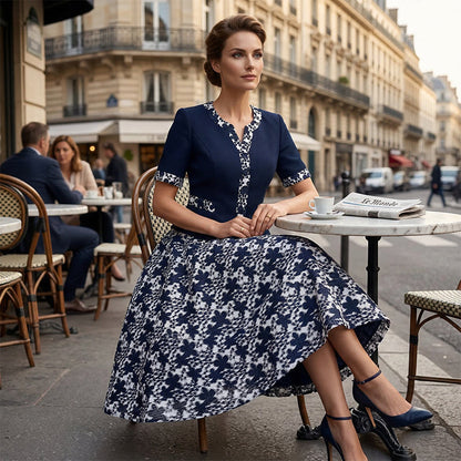 🔥(S–5XL)💎 40% KEDVEZMÉNY!  👗💙 Elegáns virágmintás A-vonalú ruha – kétrészes hatású, sötétkék és fehér, gyűrődésálló