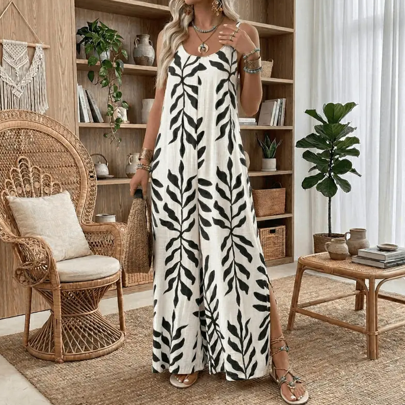 Női, leveles mintás, vékony pántos jumpsuit