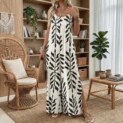 Női, leveles mintás, vékony pántos jumpsuit