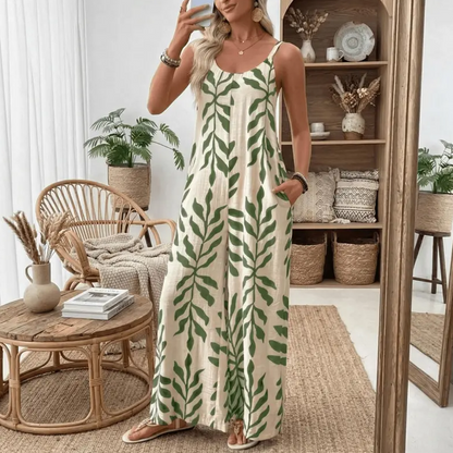 Női, leveles mintás, vékony pántos jumpsuit