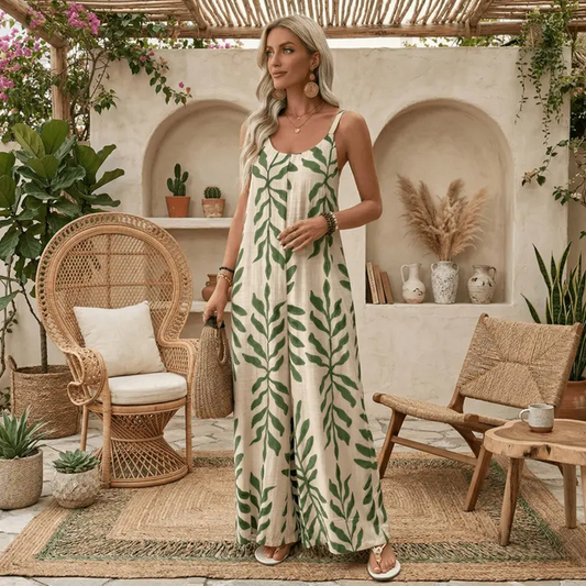 Női, leveles mintás, vékony pántos jumpsuit
