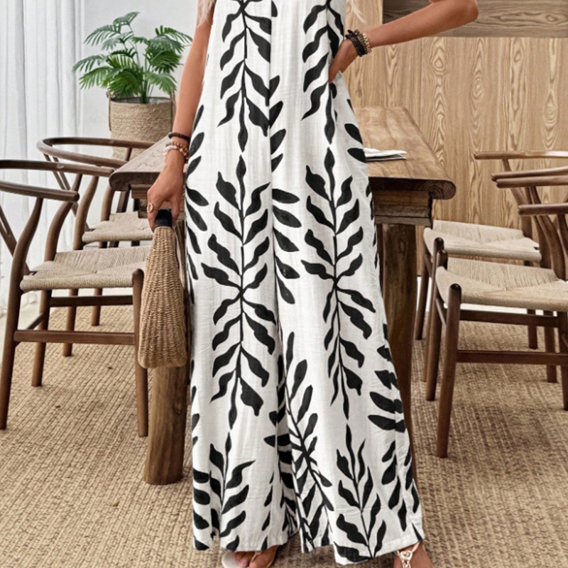 Női, leveles mintás, vékony pántos jumpsuit