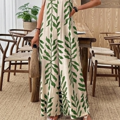 Női, leveles mintás, vékony pántos jumpsuit