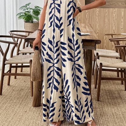 Női, leveles mintás, vékony pántos jumpsuit