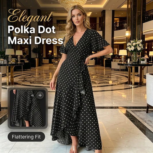 Női pöttyös V-nyakú maxi ruha