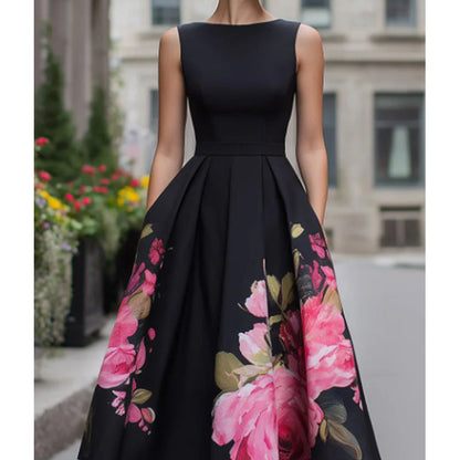Elegáns keret nélküli midi ruha A-sziluettel és színes mintával 🌸