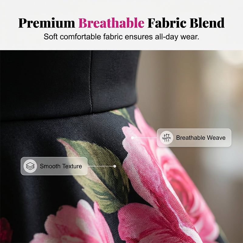 Elegáns keret nélküli midi ruha A-sziluettel és színes mintával 🌸