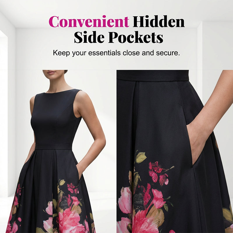 Elegáns keret nélküli midi ruha A-sziluettel és színes mintával 🌸