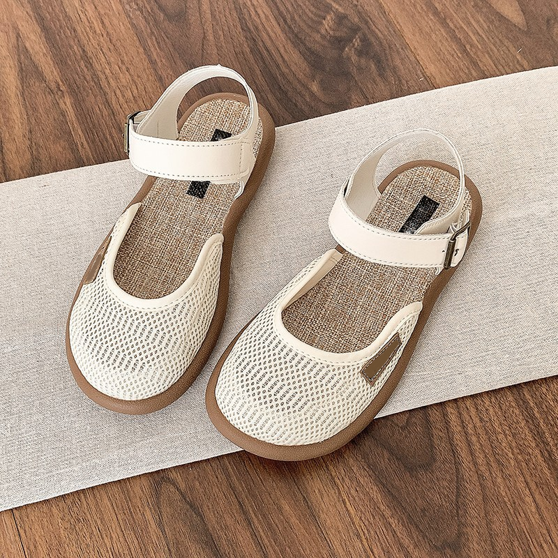 👡 Légáteresztő hálós, lapos szandál bokapánttal - Széles lábú hölgyeknek
