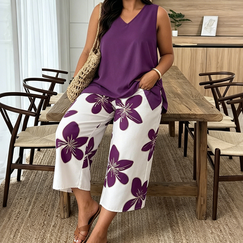 🌸 KORLÁTOZOTT IDEIG 30% KEDVEZMÉNY! ✨ Női aszimmetrikus felső és virágmintás capri nadrág szett – Sokoldalú, vibráló, kényelmes 🌺